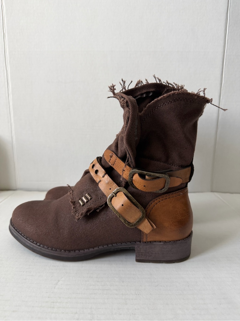 Dirty Laundry Brown Canvas & Tan Leather Strap Ankle Boots